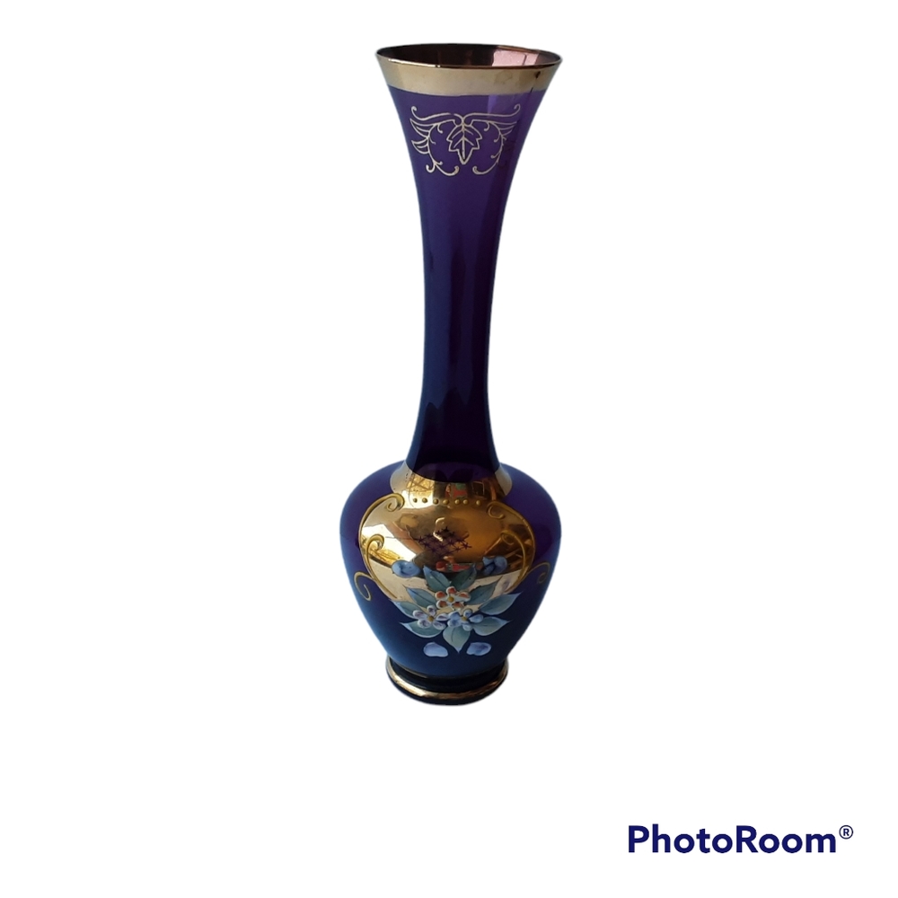 Vtg Ucagco Purple Amethyst Raised Enamel Gold Gilt Floral Single Bud Flute Vase